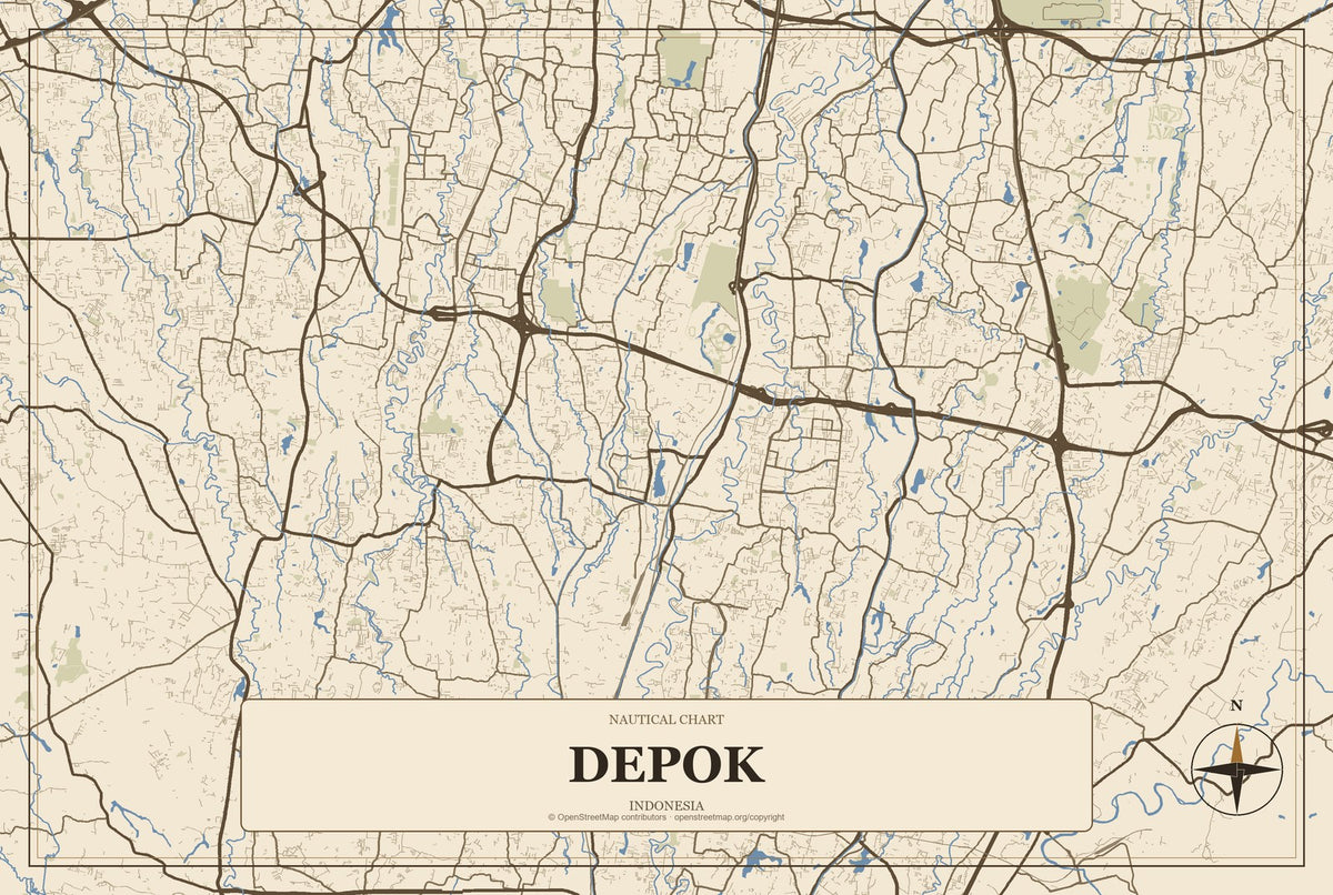 Depok, Yogyakarta, Indonesia City Map Aluminum Sign in Heritage Nautical style