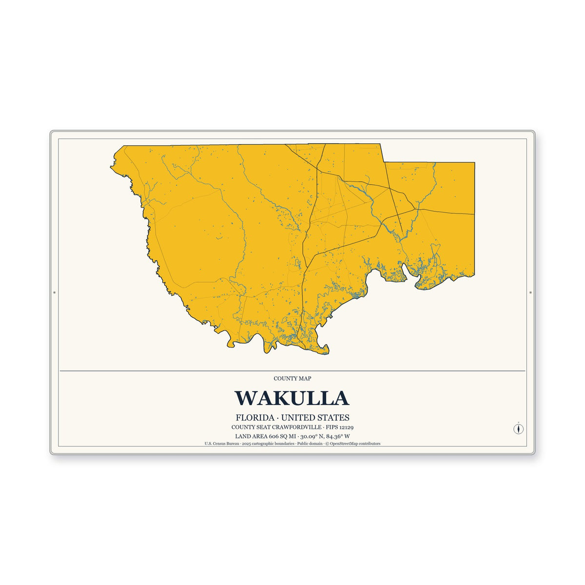 Wakulla County, Florida Map Aluminum Sign in Citrine Modern style