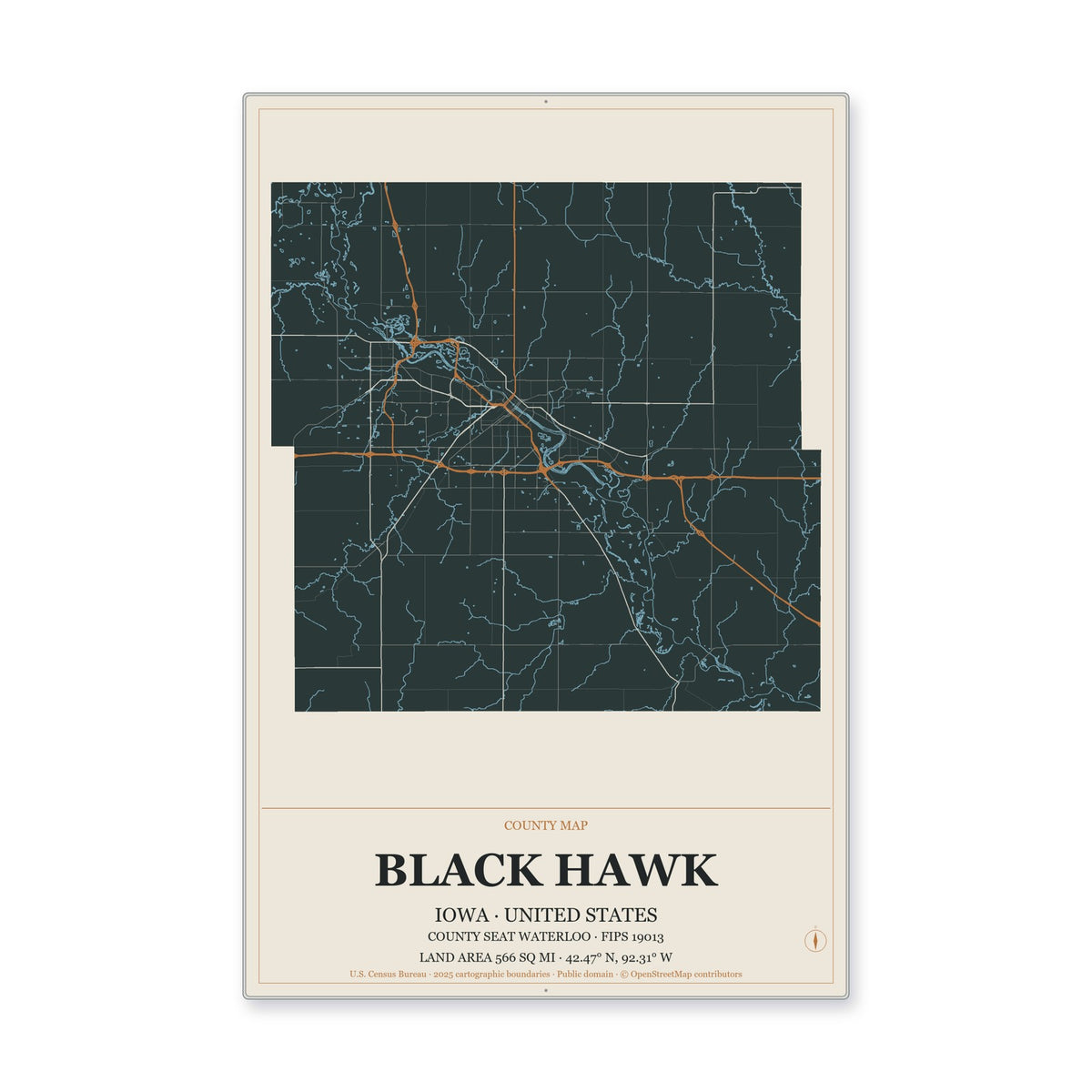 Black Hawk County, Iowa Map Aluminum Sign in Headline Atlas style