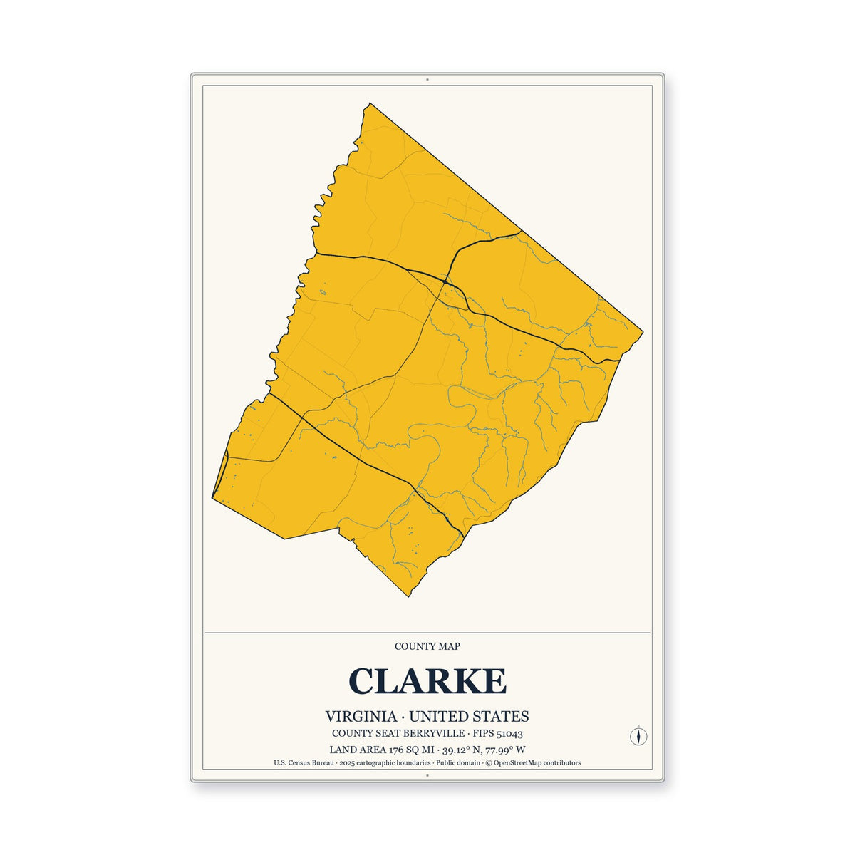 Clarke County, Virginia Map Aluminum Sign in Citrine Modern style
