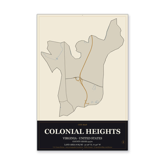 Colonial Heights city, Virginia Map Aluminum Sign in Museum Plaque style