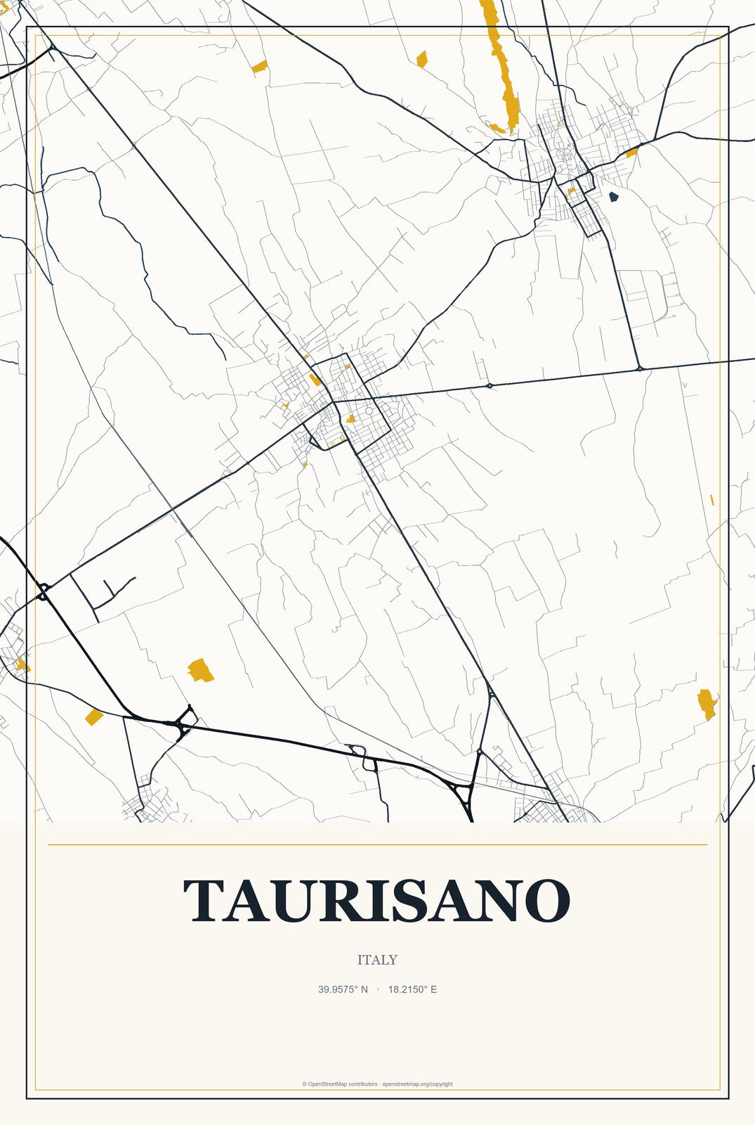 Taurisano, Italy City Map Aluminum Sign in Citrine Modern style