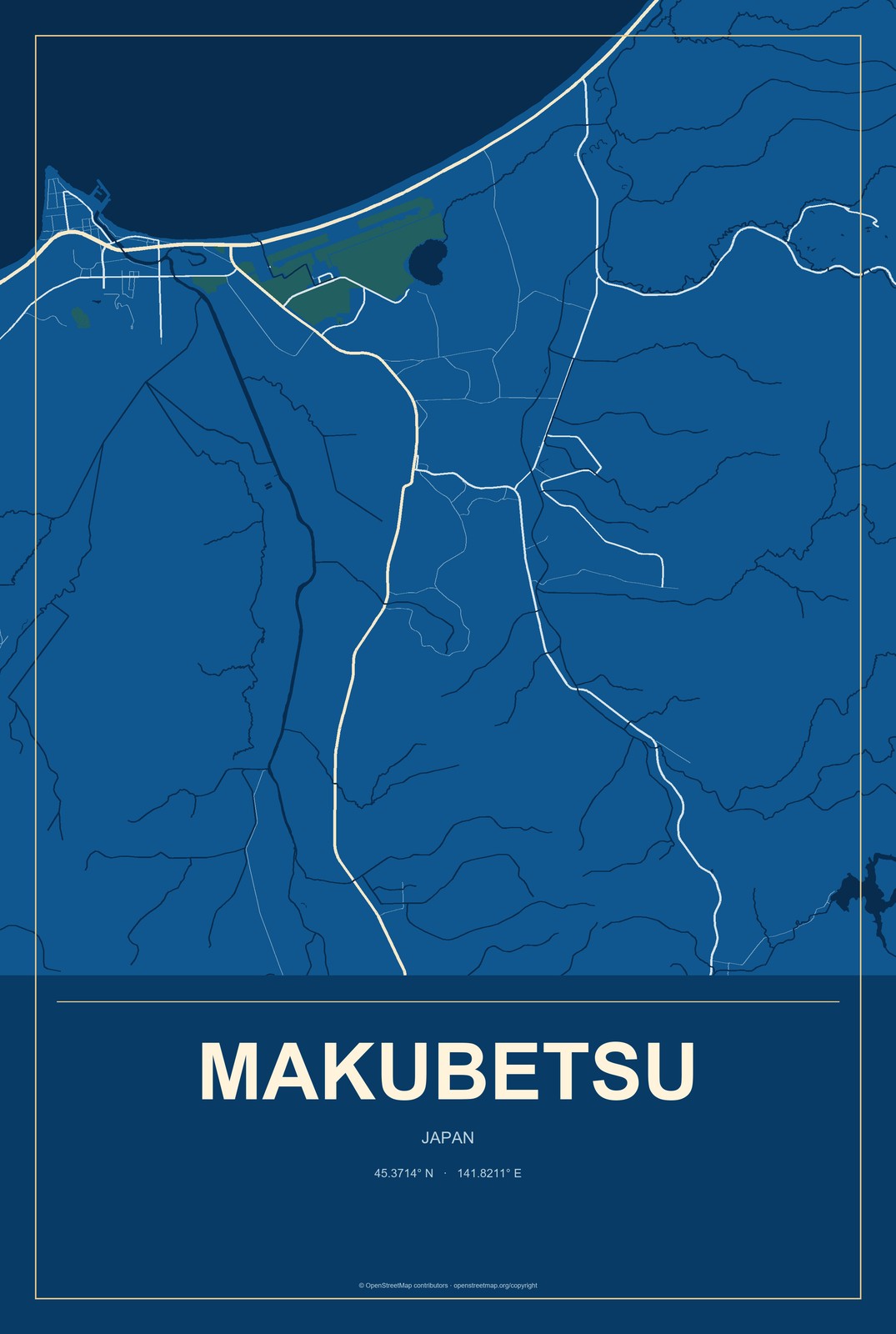 Makubetsu, Japan City Map Aluminum Sign in Harbor Cobalt style