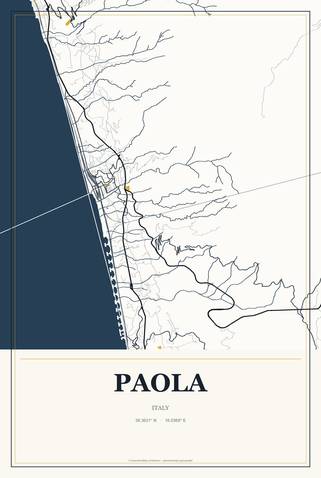 Paola, Italy City Map Aluminum Sign in Citrine Modern style