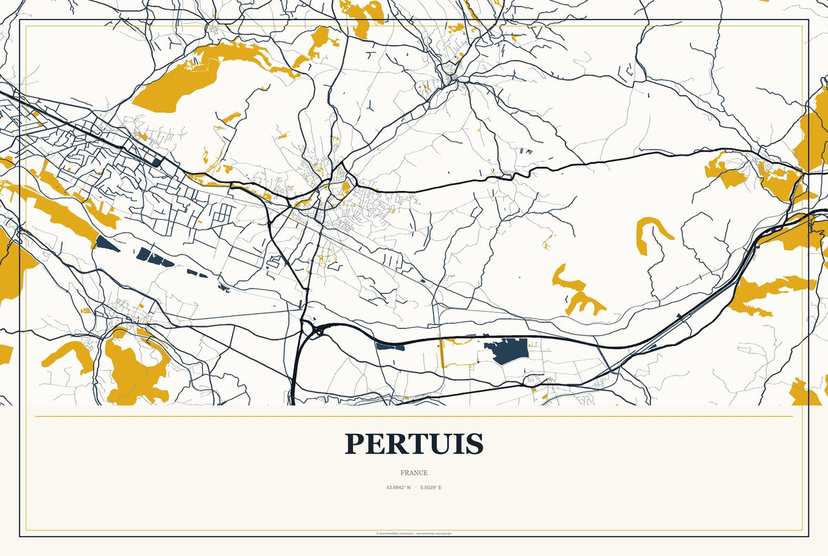Pertuis, France City Map Aluminum Sign in Citrine Modern style