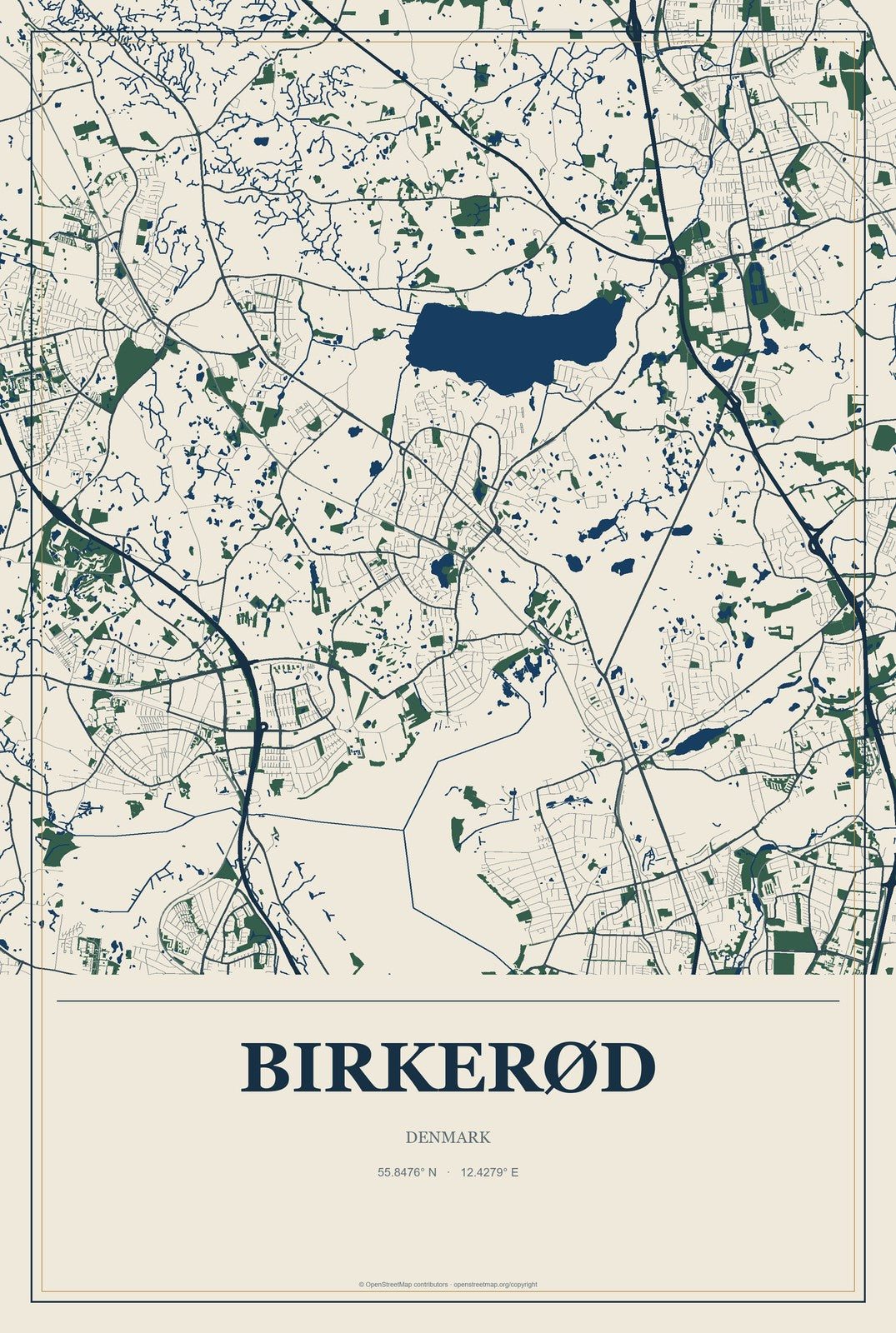 Birkerød, Denmark City Map Aluminum Sign in Coastal Cutout style
