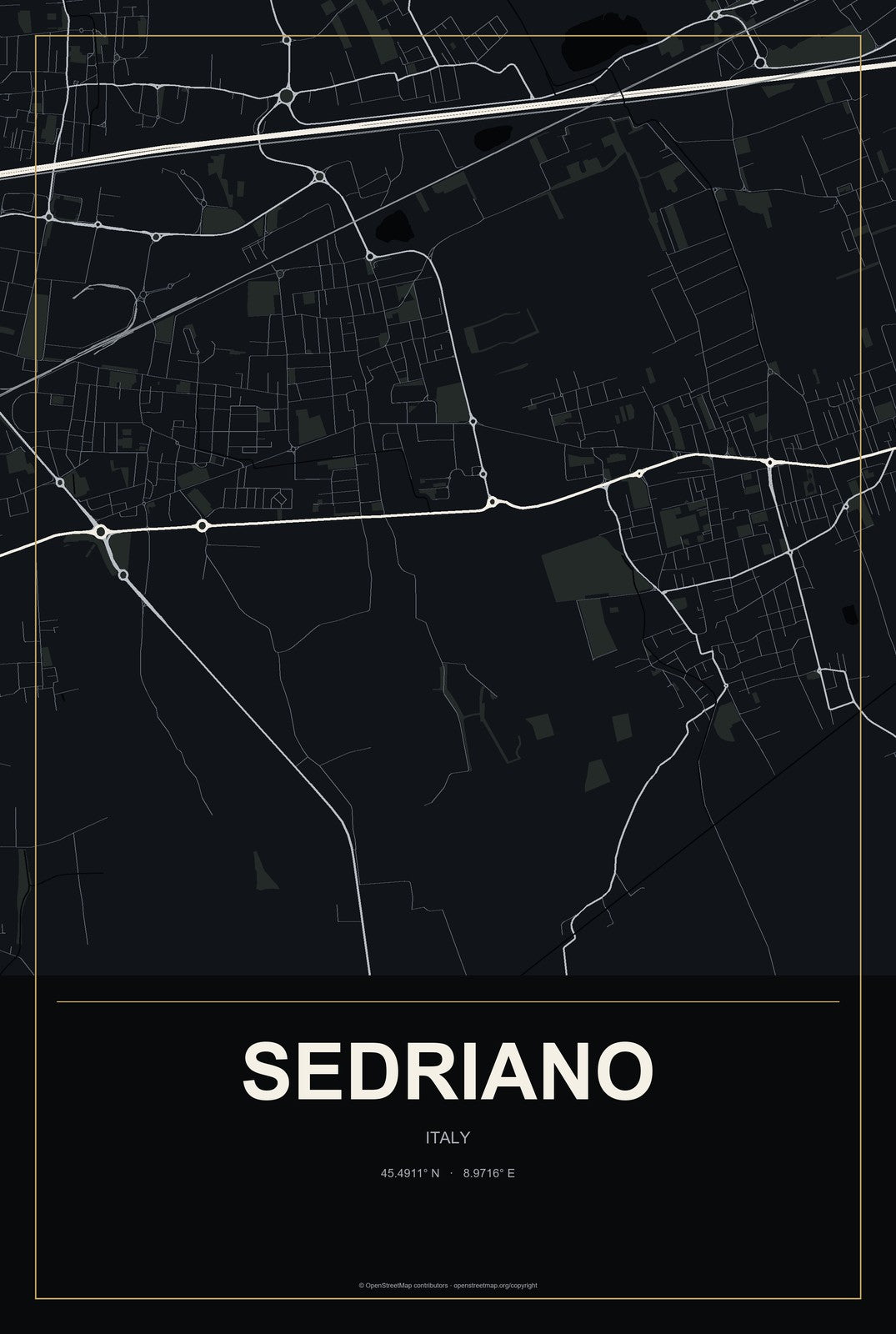 Sedriano, Italy City Map Aluminum Sign in Metropolitan Noir style