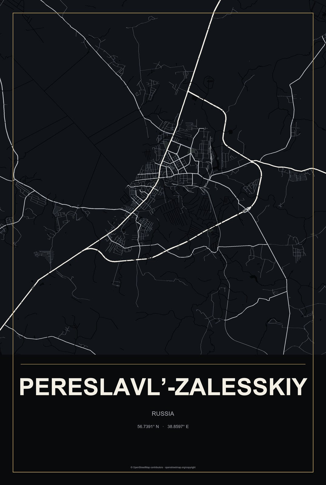 Pereslavl’-Zalesskiy, Russia City Map Aluminum Sign in Metropolitan Noir style