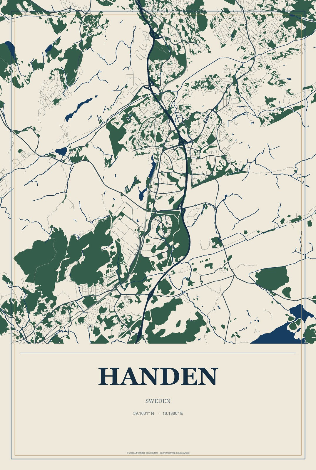Handen, Sweden City Map Aluminum Sign in Coastal Cutout style