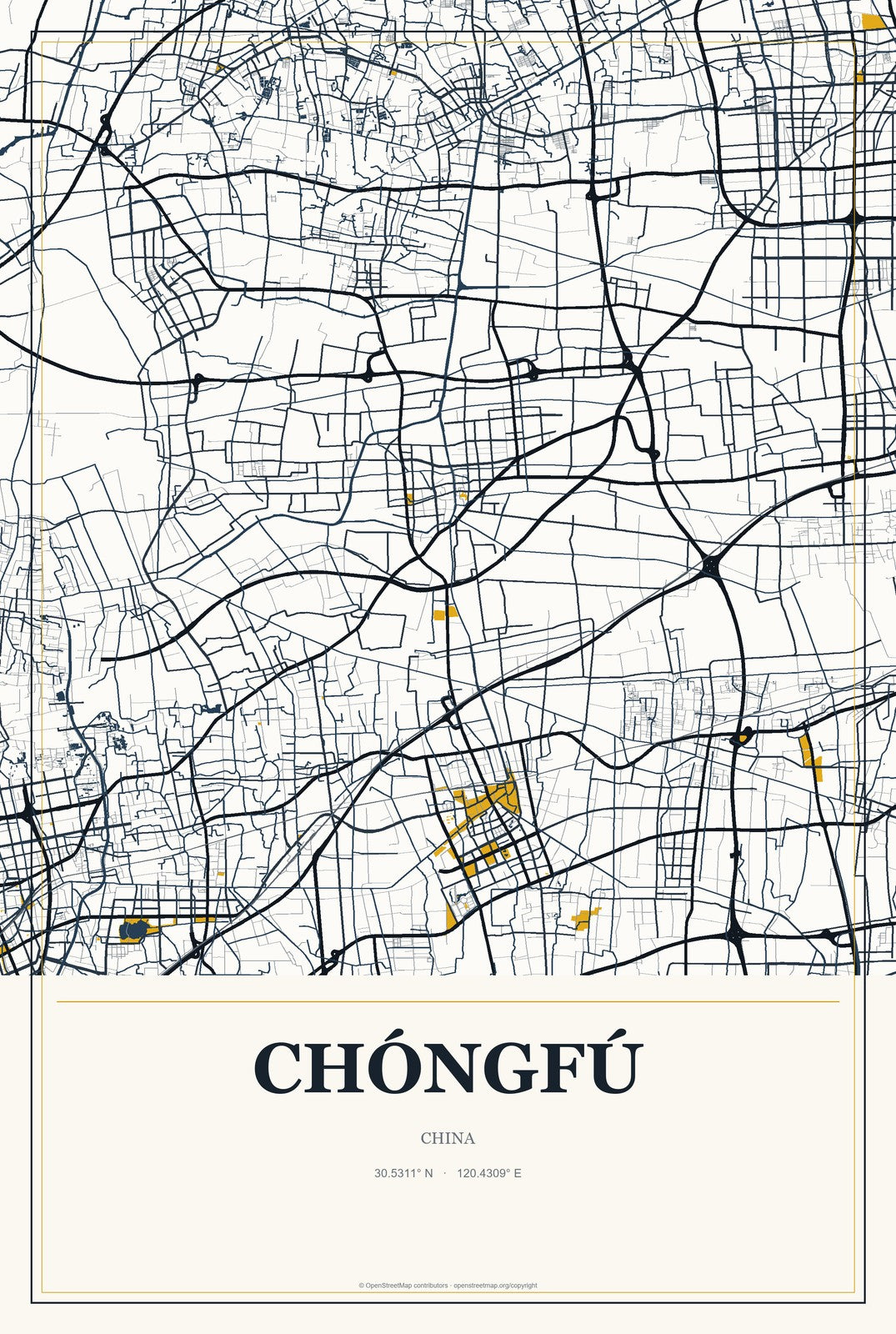 Chóngfú, China City Map Aluminum Sign in Citrine Modern style