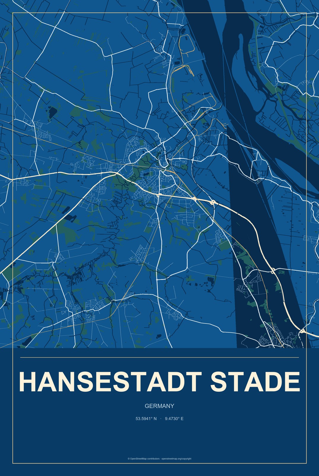 Hansestadt Stade, Germany City Map Aluminum Sign in Harbor Cobalt style