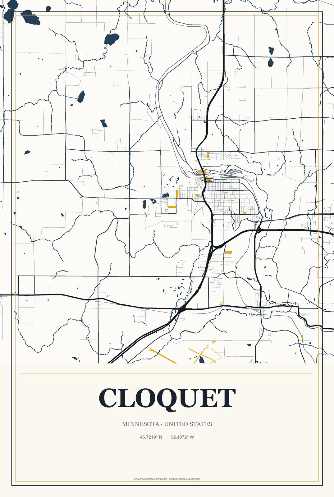 Cloquet, Minnesota City Map Aluminum Sign in Citrine Modern style
