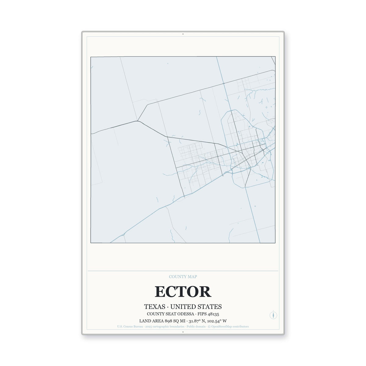 Ector County, Texas Map Aluminum Sign in Gallery Air style