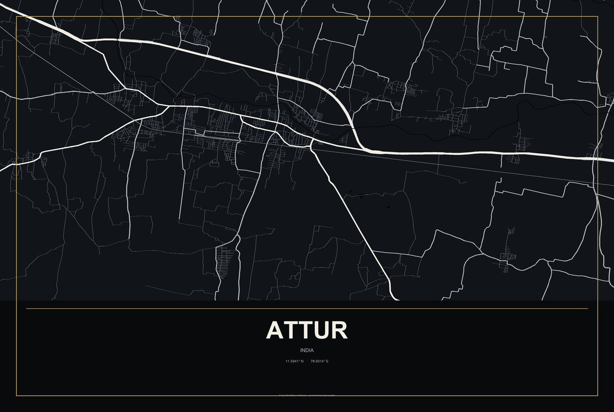 Attur, India City Map Aluminum Sign in Metropolitan Noir style
