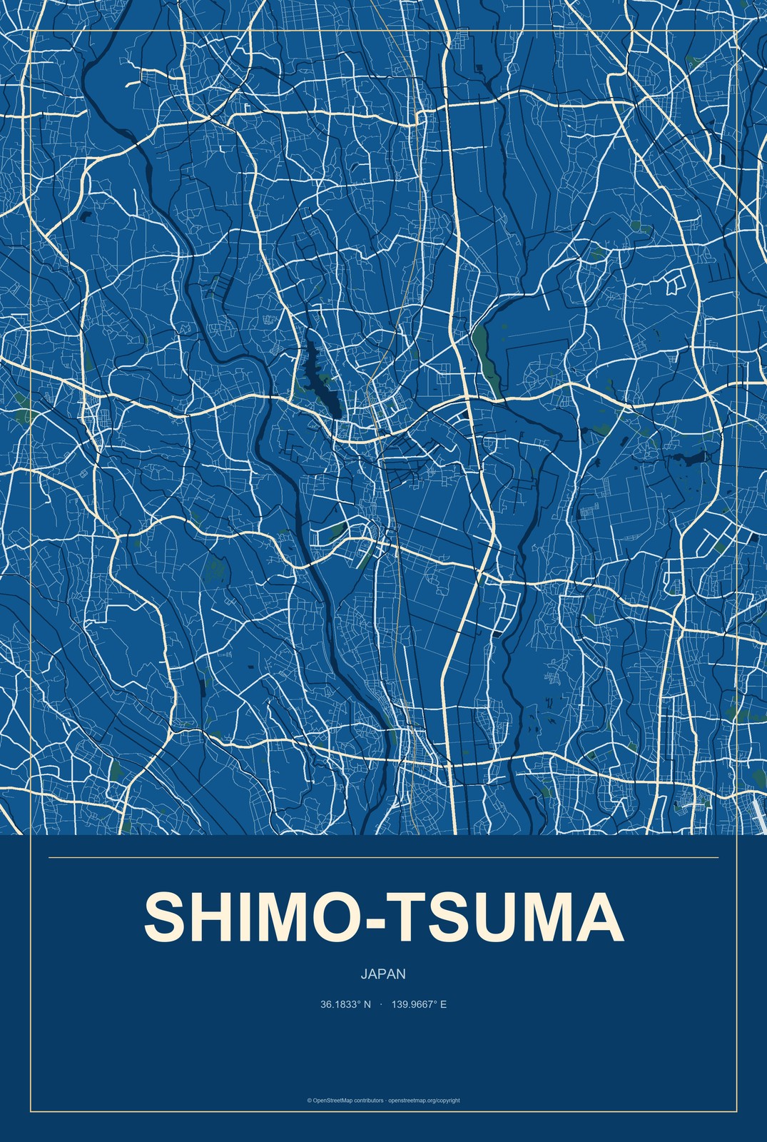 Shimo-tsuma, Japan City Map Aluminum Sign in Harbor Cobalt style