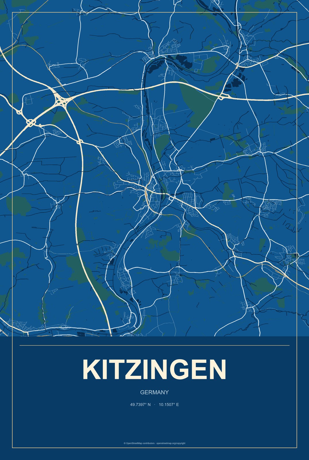 Kitzingen, Germany City Map Aluminum Sign in Harbor Cobalt style