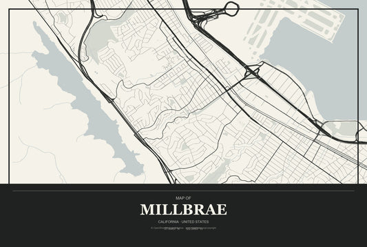 Millbrae, California City Map Aluminum Sign in Museum Plaque style