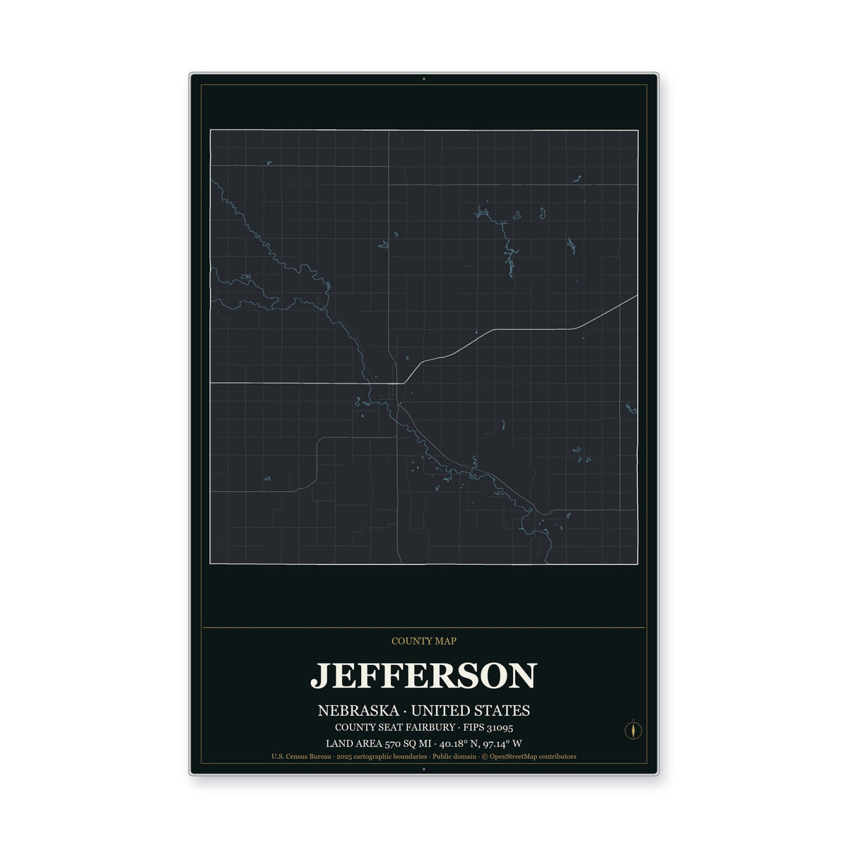 Jefferson County, Nebraska Map Aluminum Sign in Metropolitan Noir style