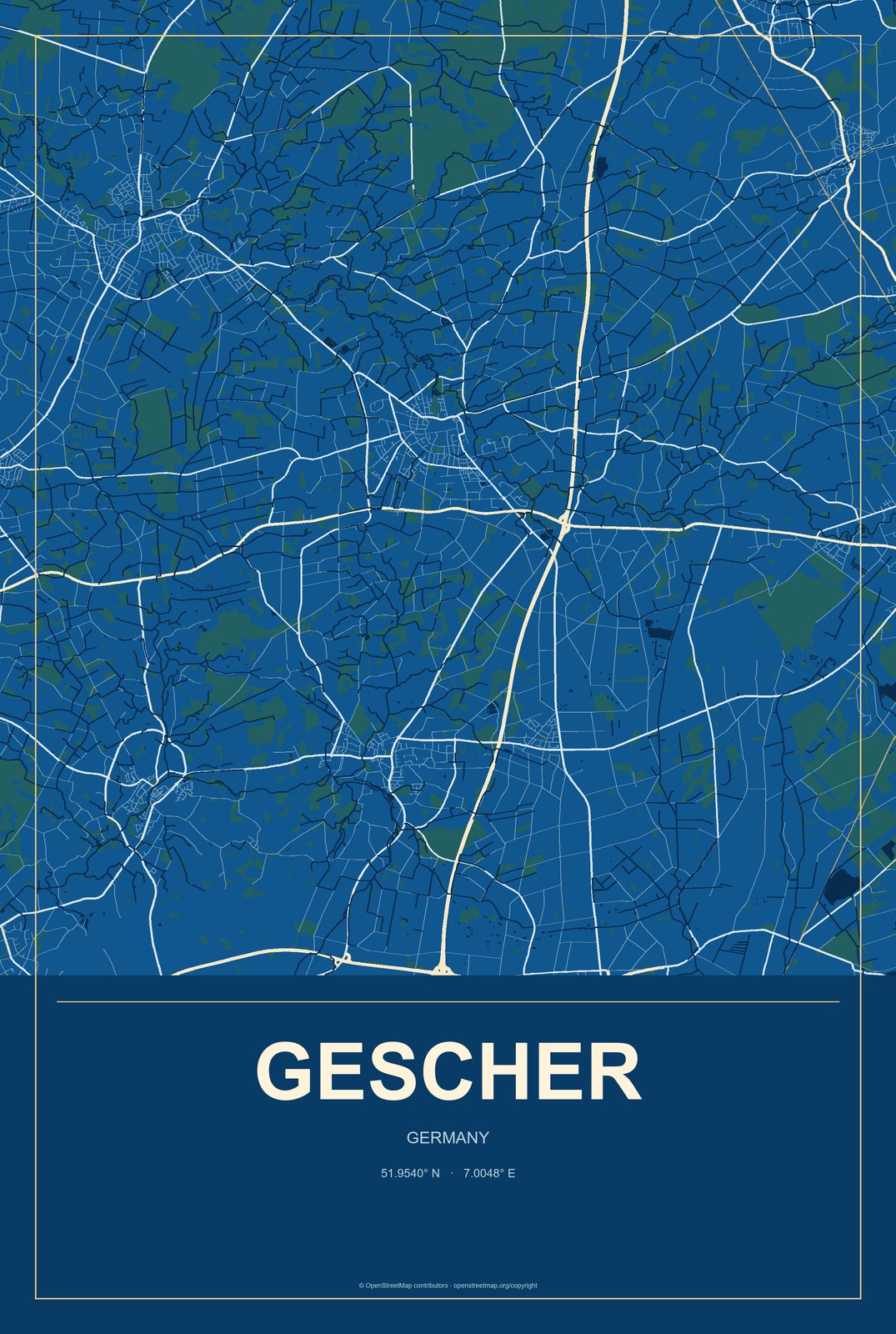Gescher, Germany City Map Aluminum Sign in Harbor Cobalt style