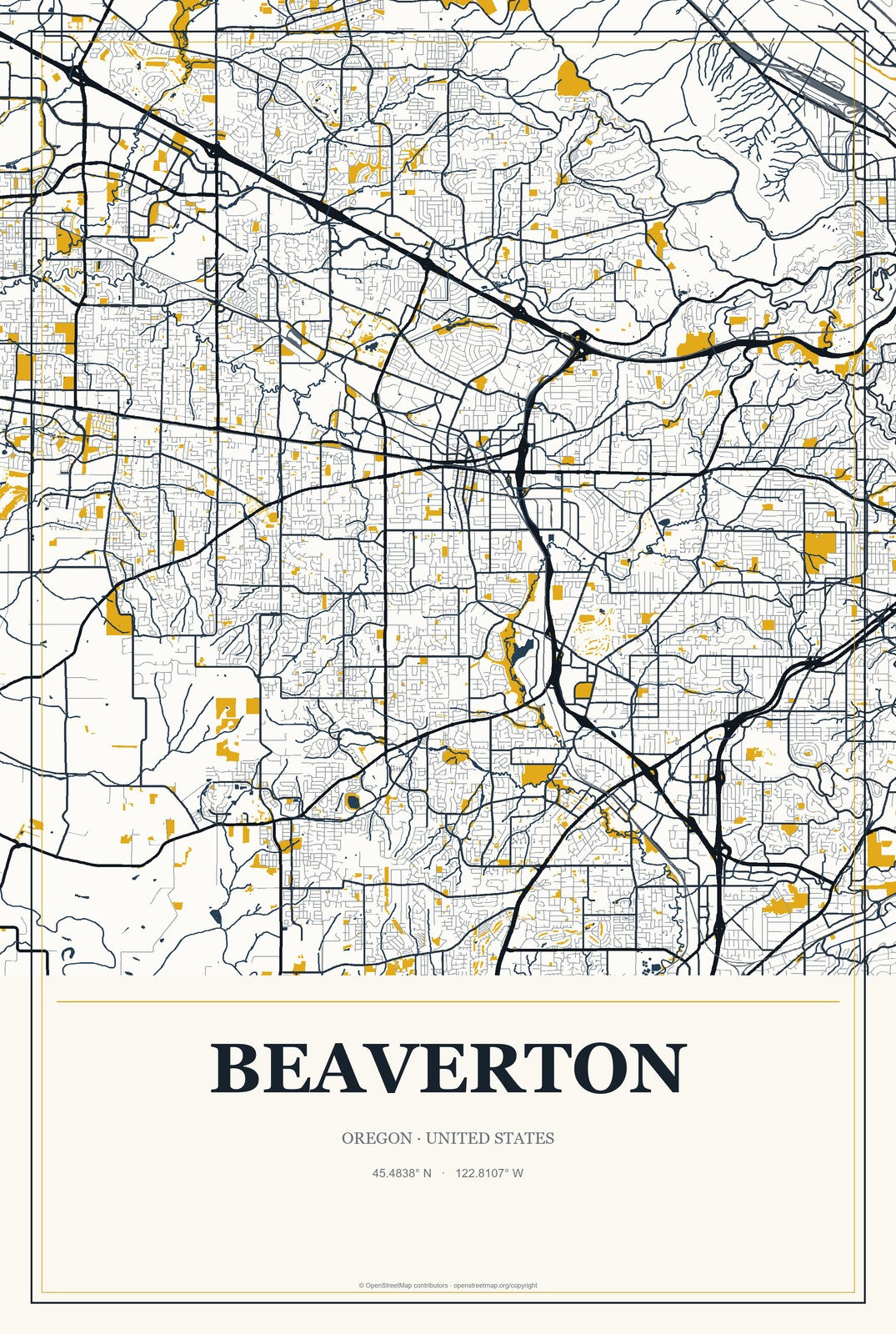 Beaverton, Oregon City Map Aluminum Sign in Citrine Modern style