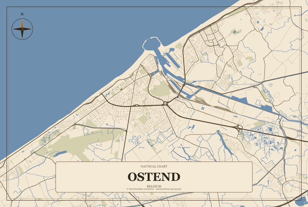 Ostend, Belgium City Map Aluminum Sign in Heritage Nautical style