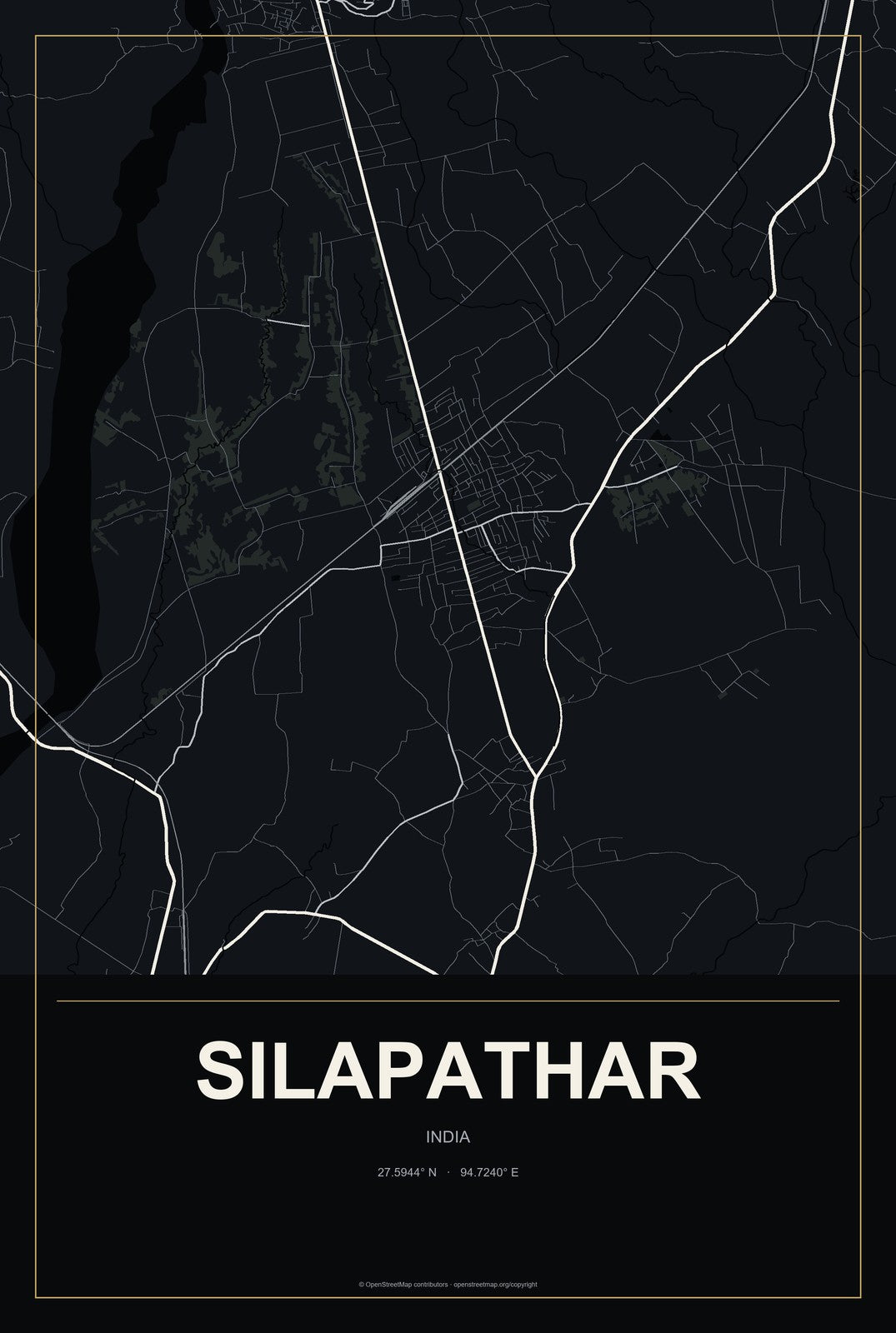 Silapathar, India City Map Aluminum Sign in Metropolitan Noir style