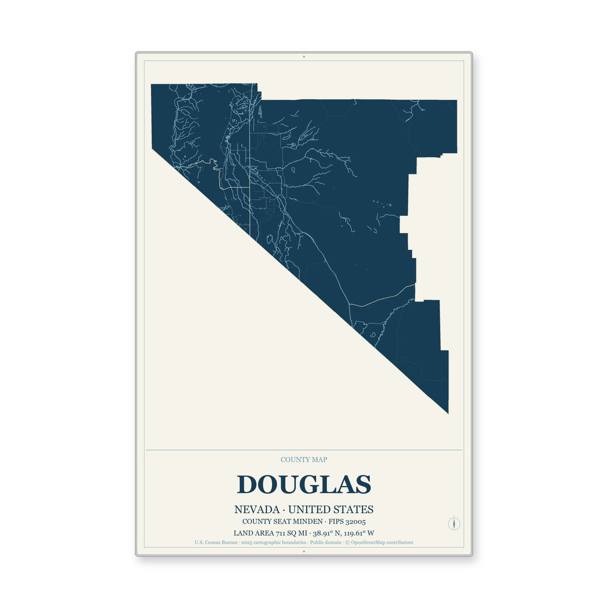 Douglas County, Nevada Map Aluminum Sign in Coastal Cutout style
