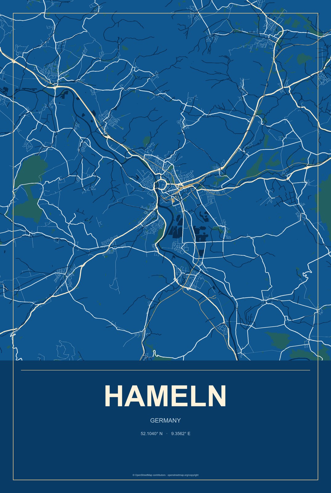 Hameln, Germany City Map Aluminum Sign in Harbor Cobalt style