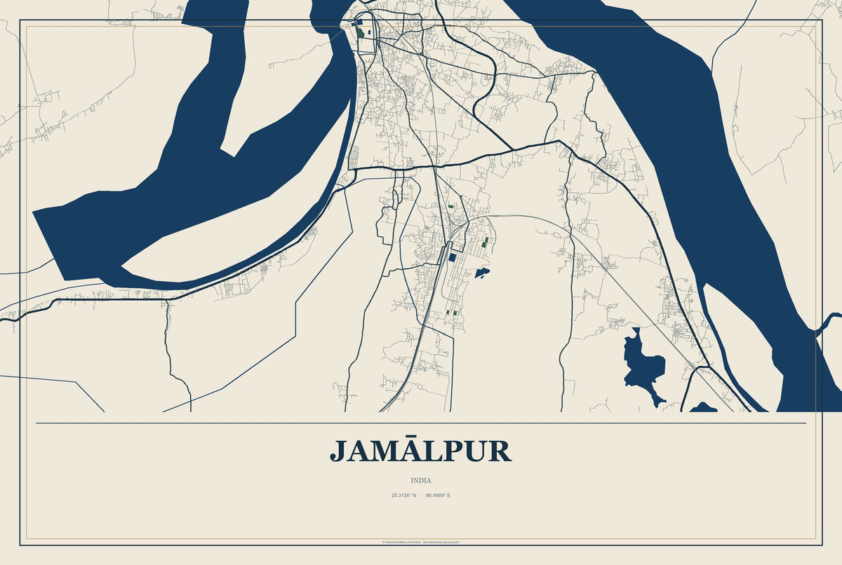 Jamālpur, India City Map Aluminum Sign in Coastal Cutout style
