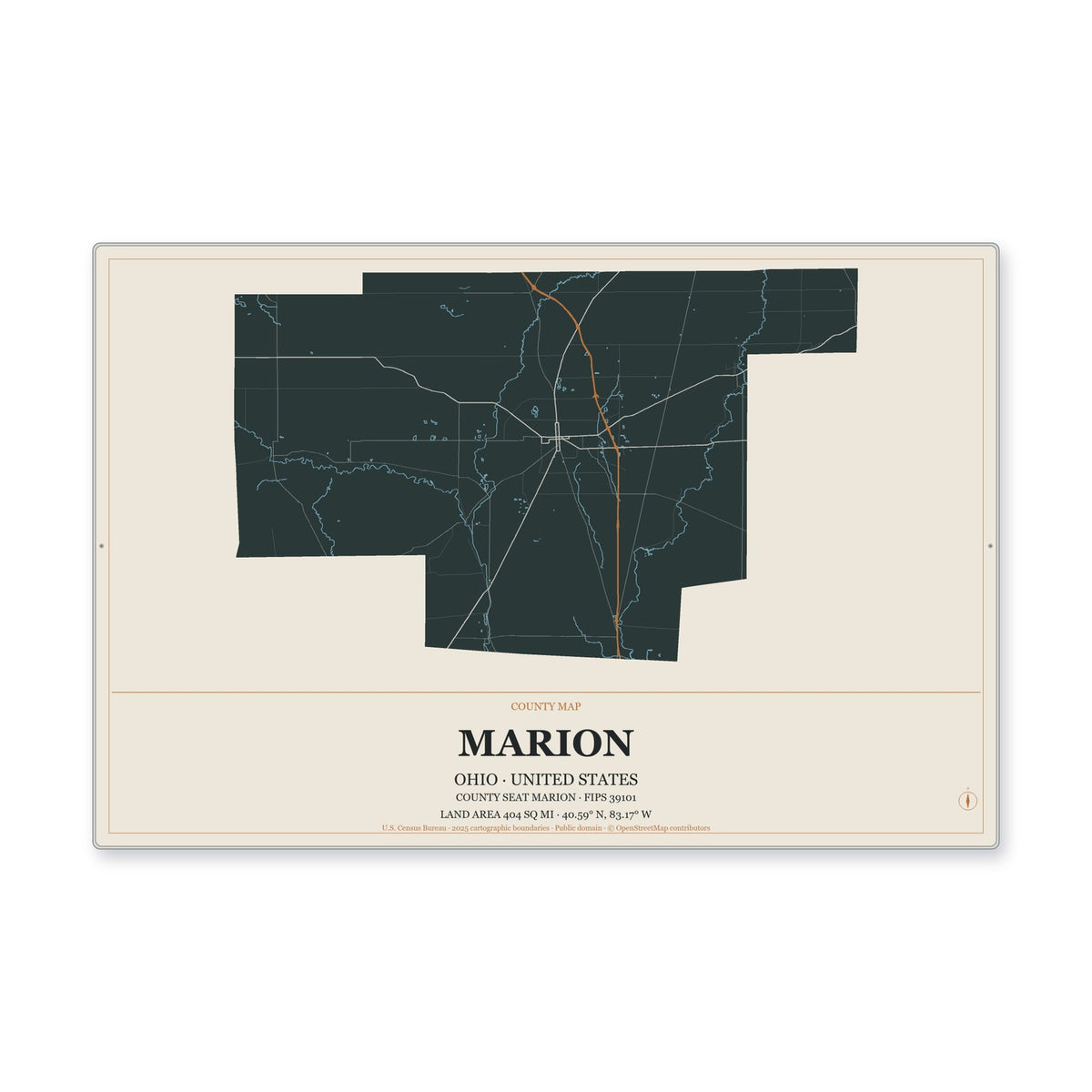 Marion County, Ohio Map Aluminum Sign in Headline Atlas style