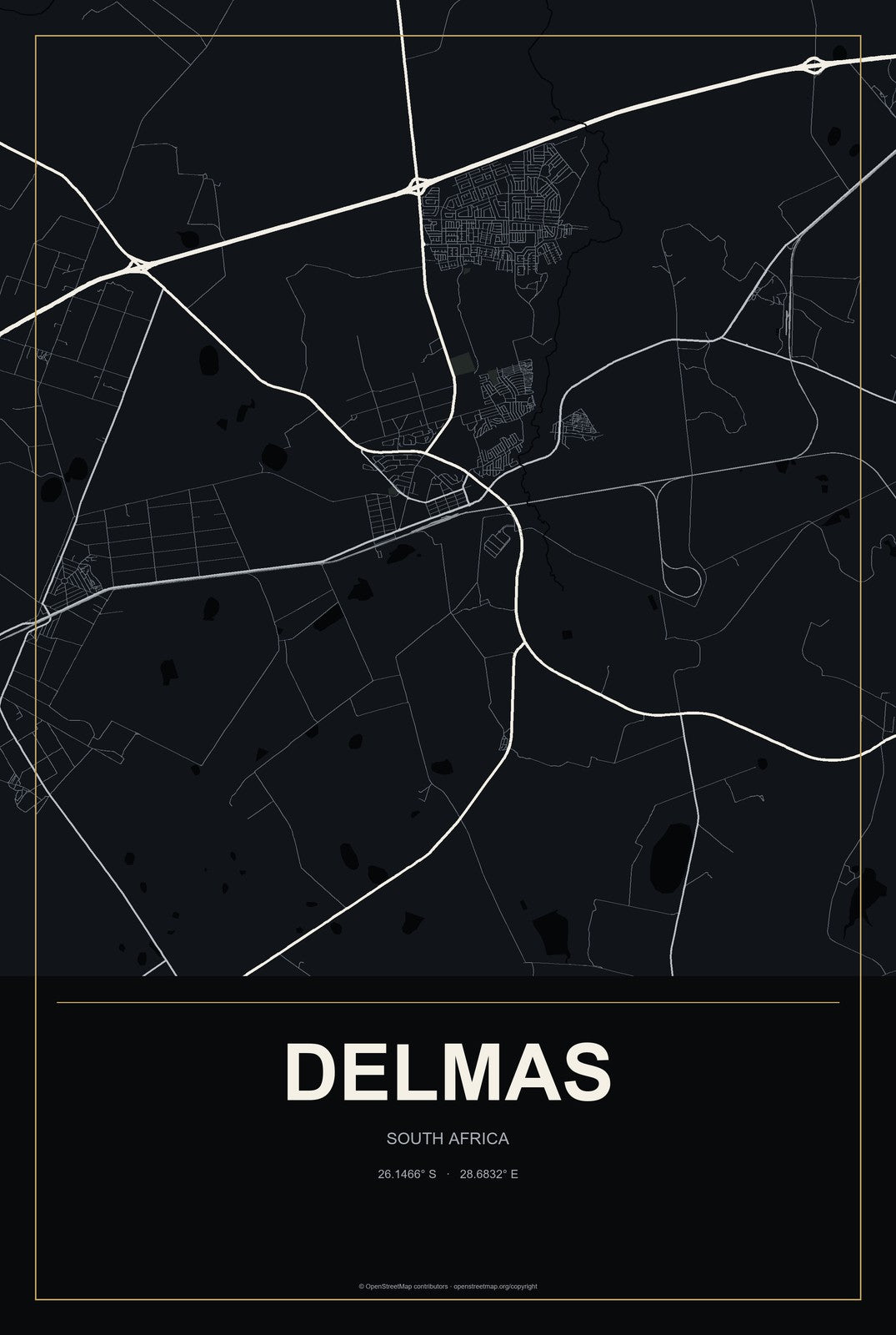 Delmas, South Africa City Map Aluminum Sign in Metropolitan Noir style