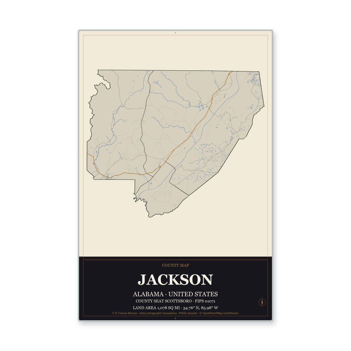Jackson County, Alabama Map Aluminum Sign in Museum Plaque style