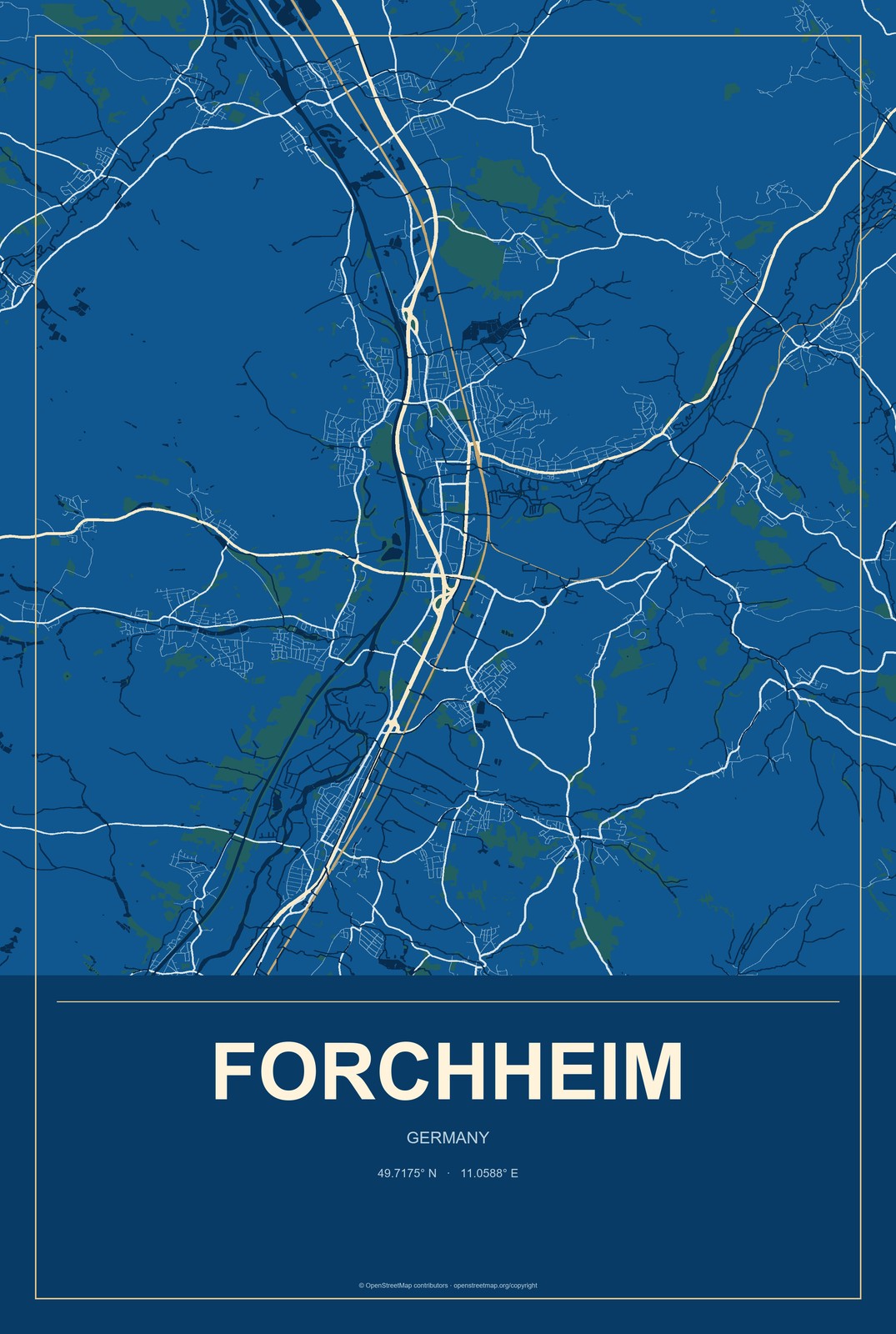 Forchheim, Germany City Map Aluminum Sign in Harbor Cobalt style