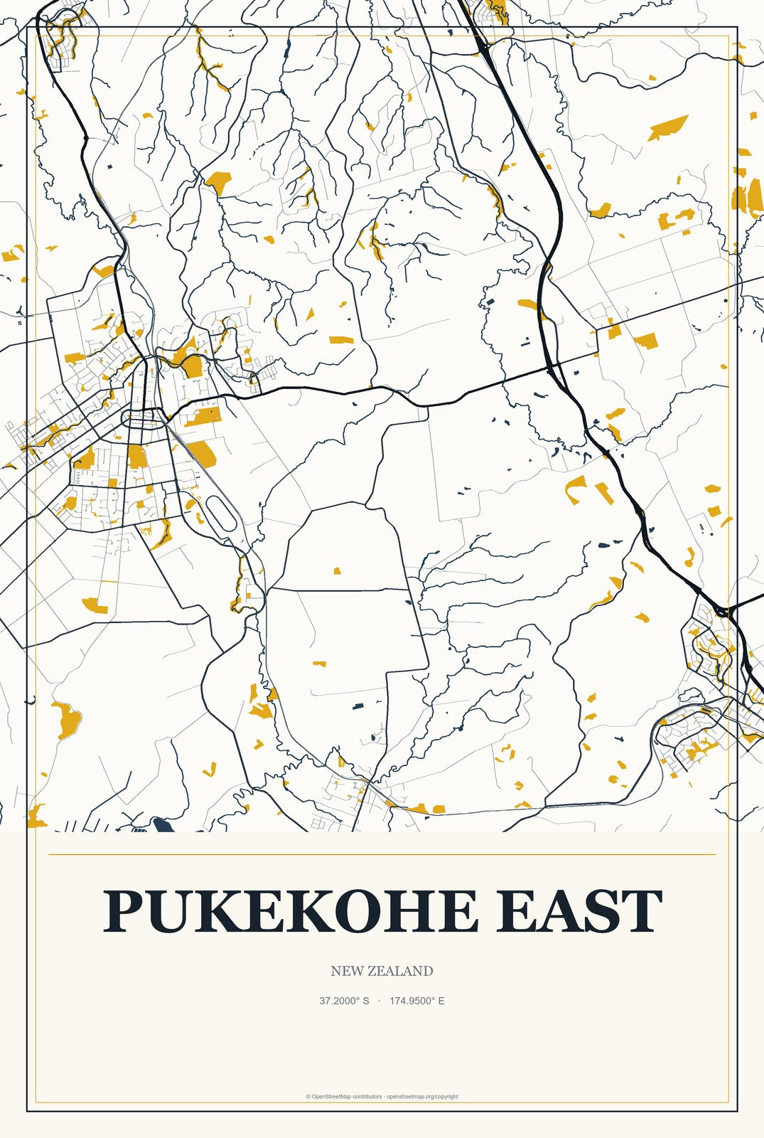 Pukekohe East, New Zealand City Map Aluminum Sign in Citrine Modern style