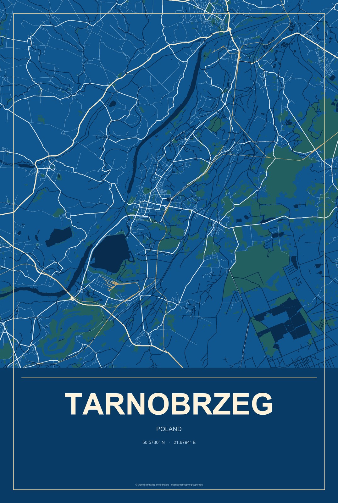 Tarnobrzeg, Poland City Map Aluminum Sign in Harbor Cobalt style