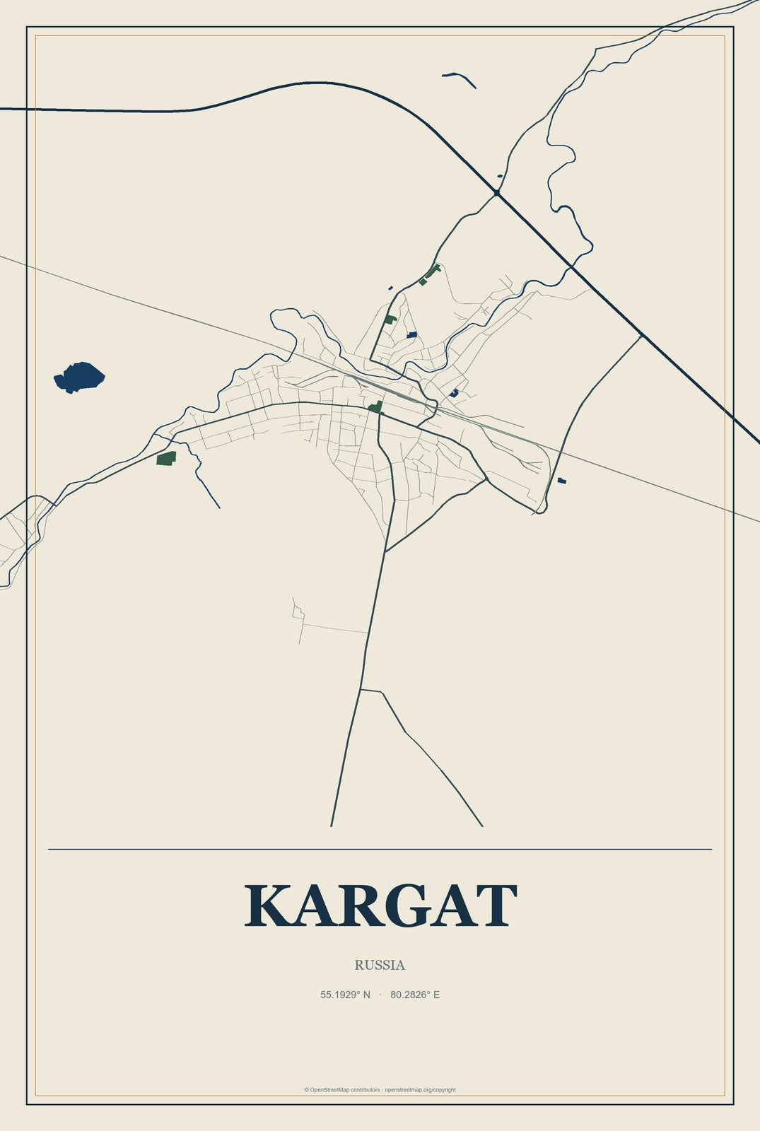 Kargat, Russia City Map Aluminum Sign in Coastal Cutout style