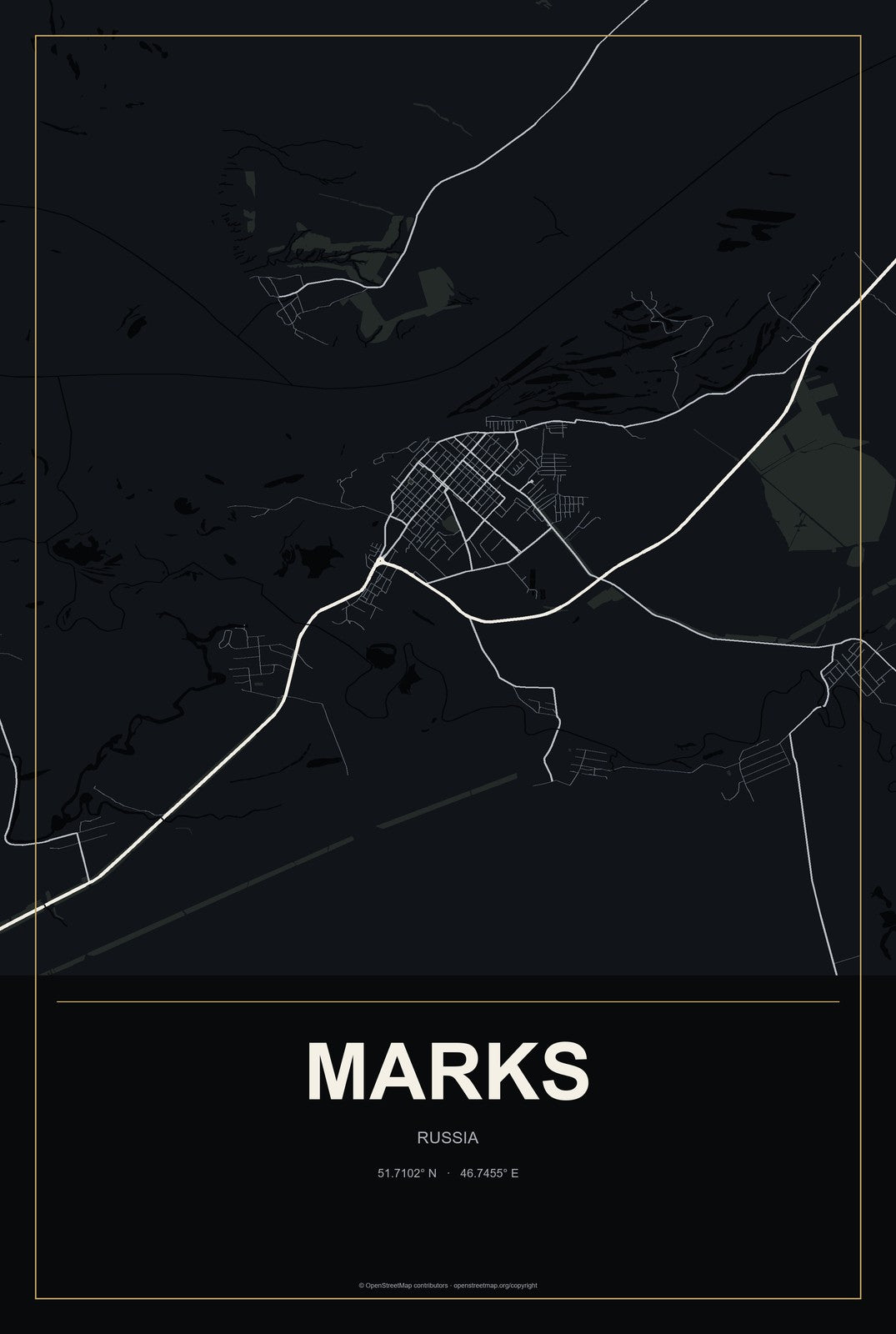 Marks, Russia City Map Aluminum Sign in Metropolitan Noir style