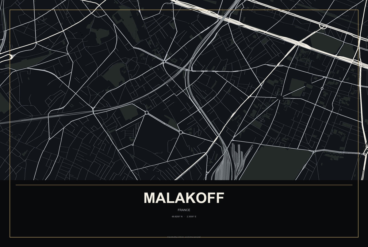 Malakoff, France City Map Aluminum Sign in Metropolitan Noir style