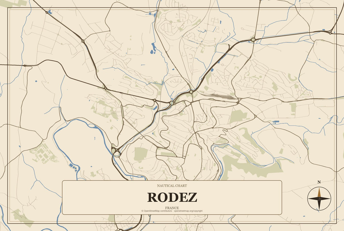 Rodez, France City Map Aluminum Sign in Heritage Nautical style