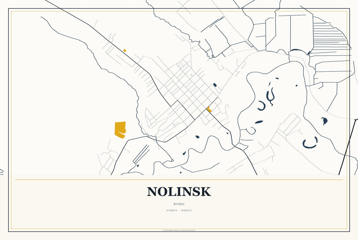 Nolinsk, Russia City Map Aluminum Sign in Citrine Modern style