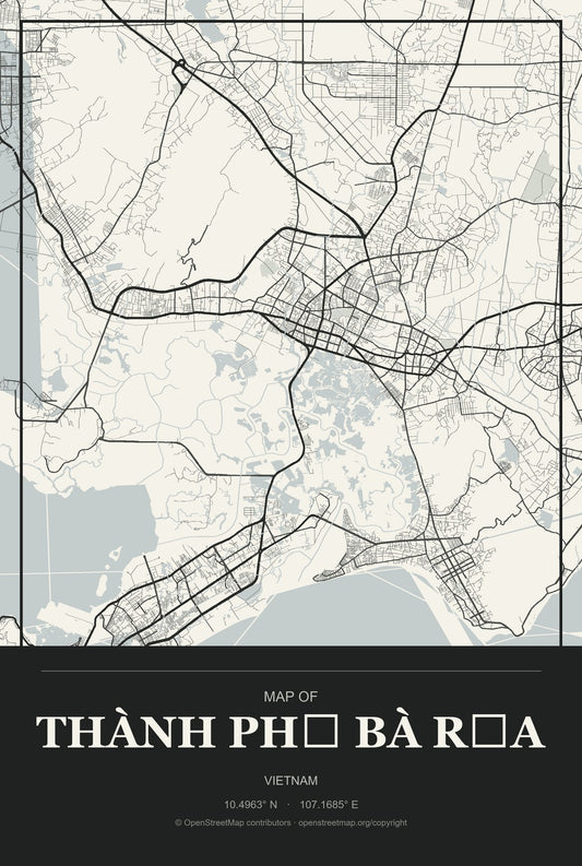 Thành Phố Bà Rịa, Vietnam City Map Aluminum Sign in Museum Plaque style
