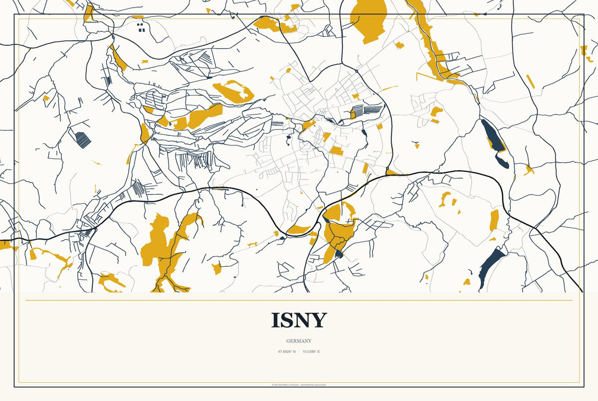 Isny, Germany City Map Aluminum Sign in Citrine Modern style
