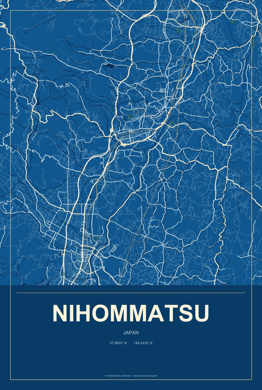Nihommatsu, Japan City Map Aluminum Sign in Harbor Cobalt style