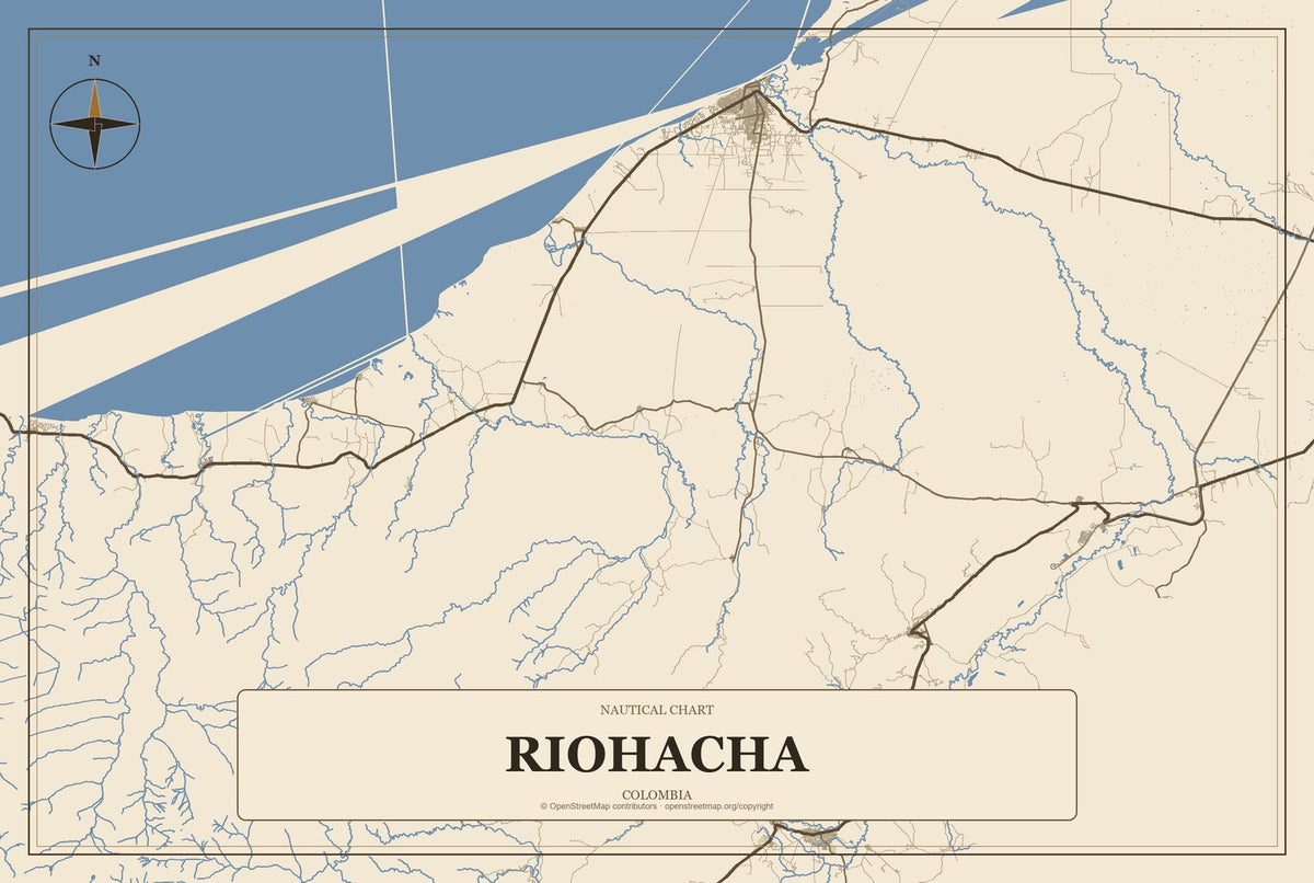 Riohacha, Colombia City Map Aluminum Sign in Heritage Nautical style