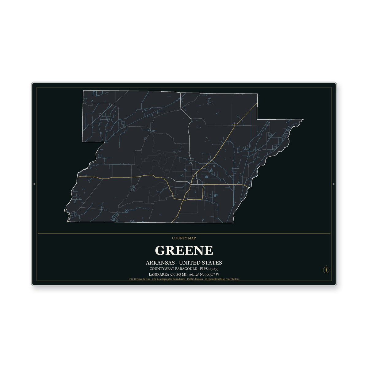 Greene County, Arkansas Map Aluminum Sign in Metropolitan Noir style