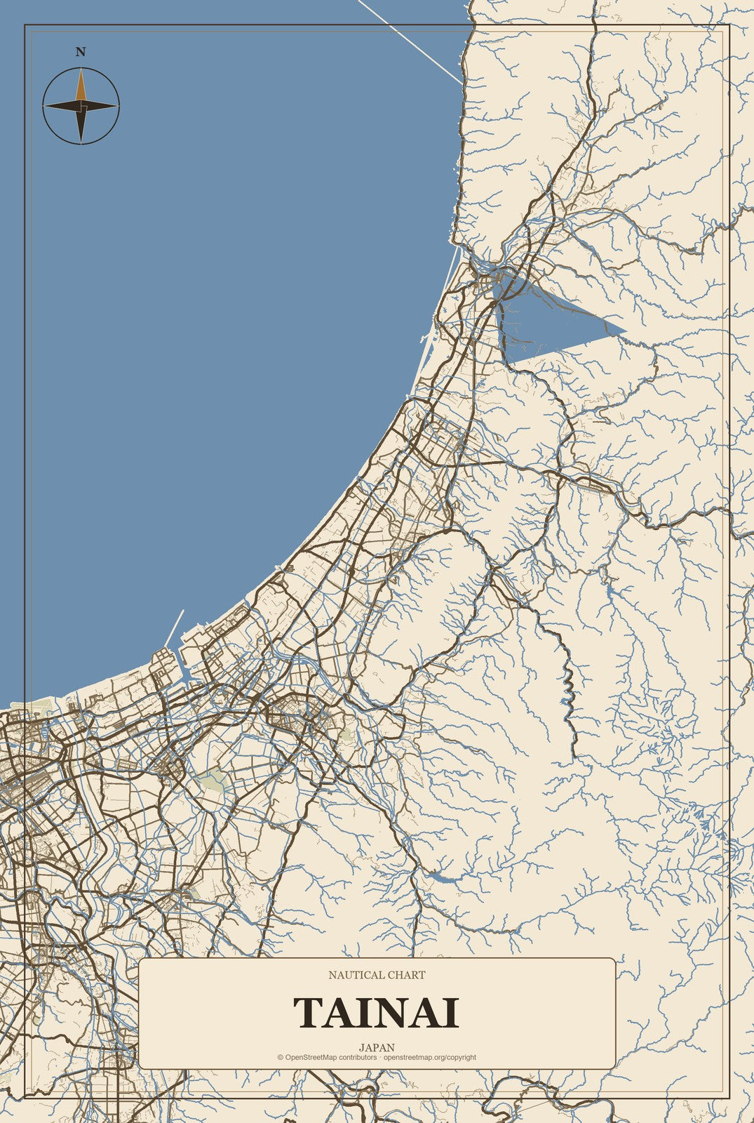 Tainai, Japan City Map Aluminum Sign in Heritage Nautical style