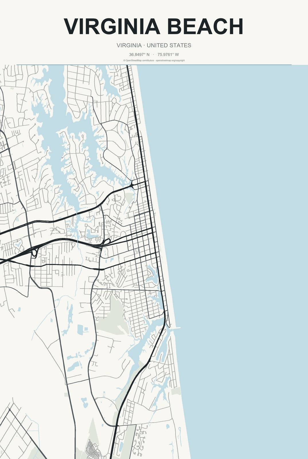 Virginia Beach, Virginia City Map Aluminum Sign in Headline Atlas style