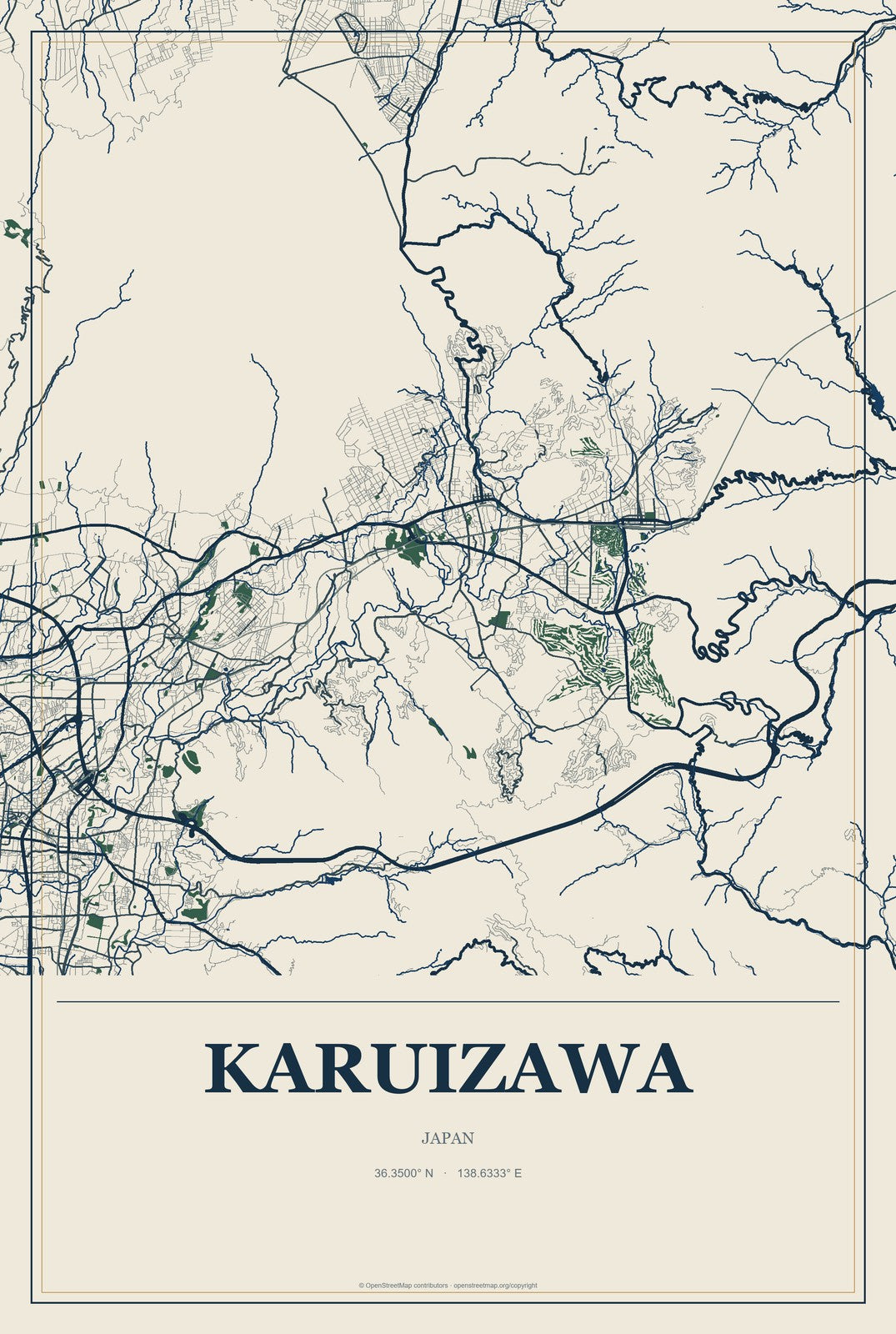 Karuizawa, Japan City Map Aluminum Sign in Coastal Cutout style