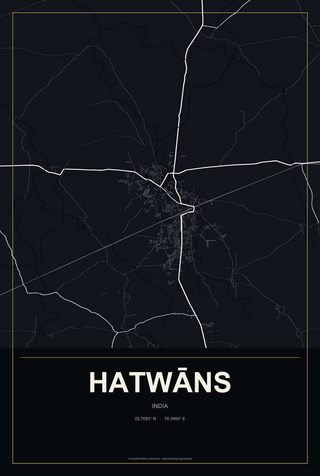 Hatwāns, India City Map Aluminum Sign in Metropolitan Noir style