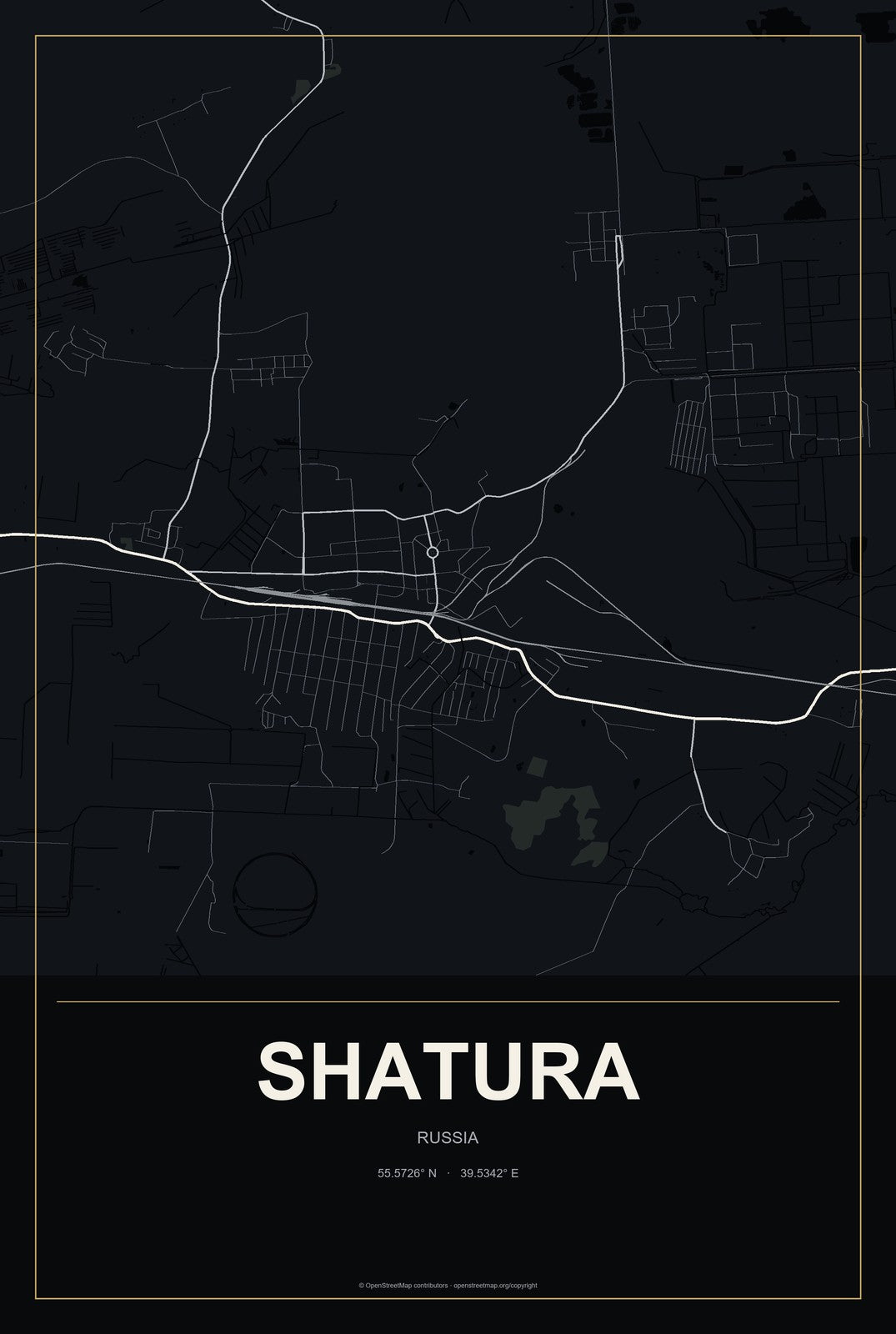 Shatura, Russia City Map Aluminum Sign in Metropolitan Noir style